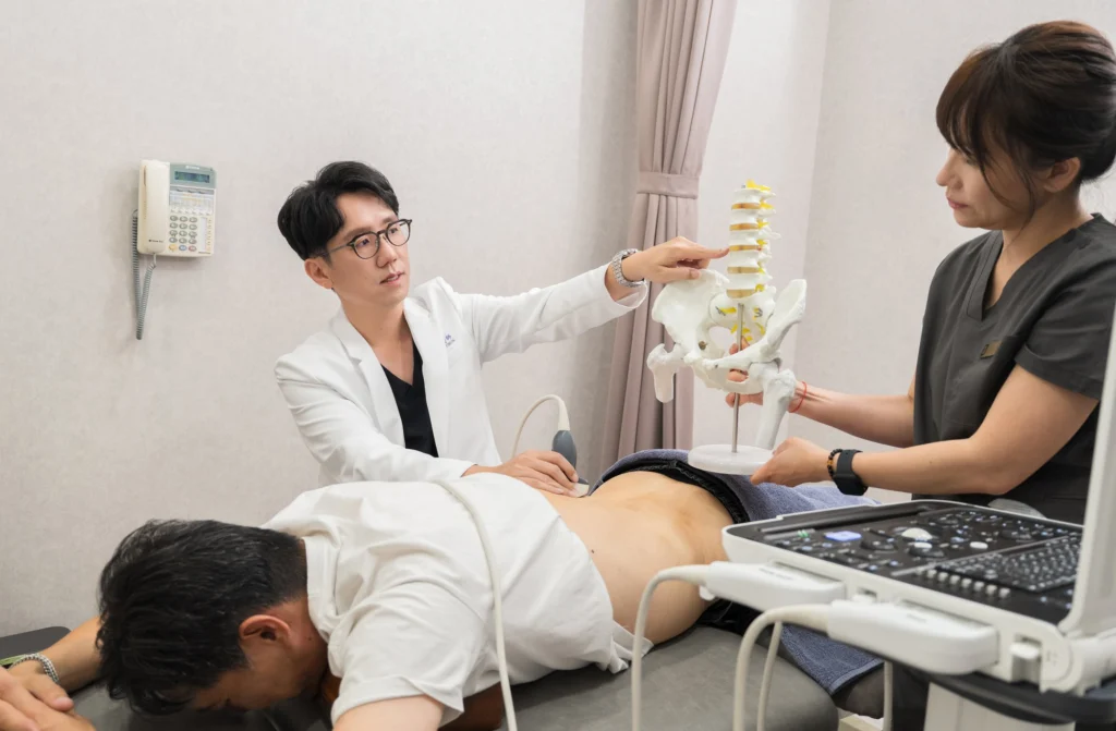 醫師以脊椎模型說明並進行肌肉骨骼超音波檢查